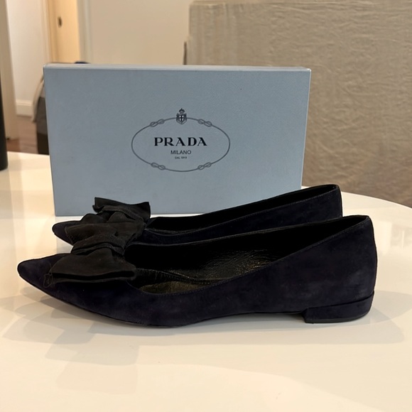 Prada Navy Suede Bow Flats - Picture 2 of 9